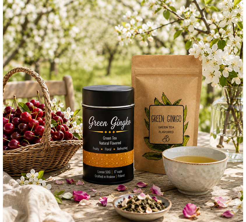 Opakowania herbaty Green Gingko Leo Tea – zielona herbata z wiśnią i miłorzębem